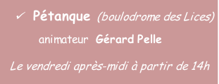 
Pétanque (boulodrome des Lices)
										 animateur  Gérard Pelle
Le vendredi après-midi à partir de 14h
